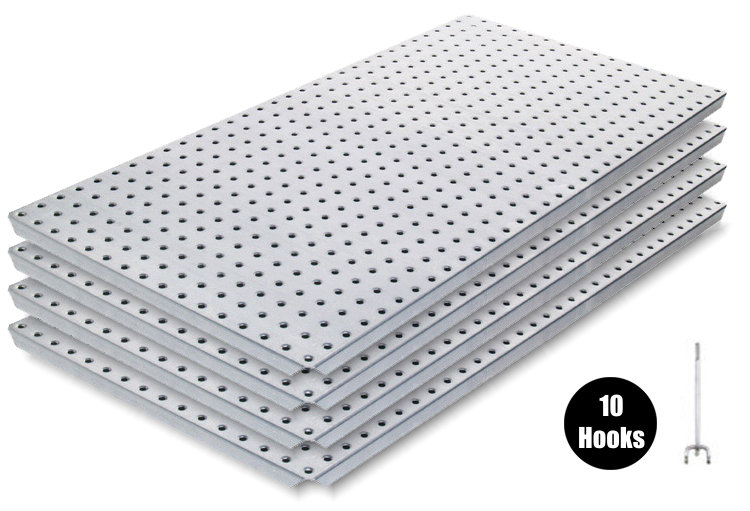 Alligator Board Metal Pegboard Panel Kit (4) with Flange and 10 Hooks